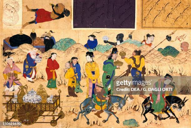 Passengers carrying copper and porcelain artifacts onto carriages as they are leaving the city, Chinese influence painting, Turkey. Turkish...