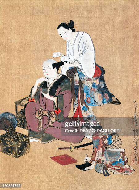 Noble being groomed, artist from the Kaigetsudo school, kakemono in ukiyo-e style, Japan. Japanese Civilisation, 18th century.