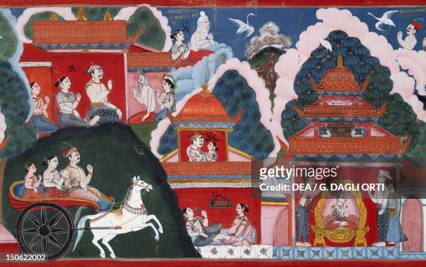 King Manicuda departing for the city, Padmavati becomes pregnant and gives birth to Prince Padmottara, later anointed king, detail from the Swayambhu...