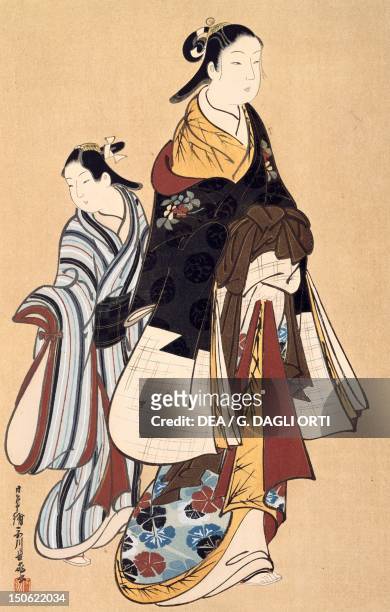 Father and daughter, kakemono by Choki, artist from the Miyagawa school, Japan. Japanese Civilisation, 18th century.