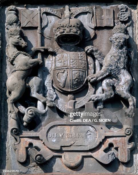 Crest, entrance decoration from Glamis Castle, Angus. Scotland.