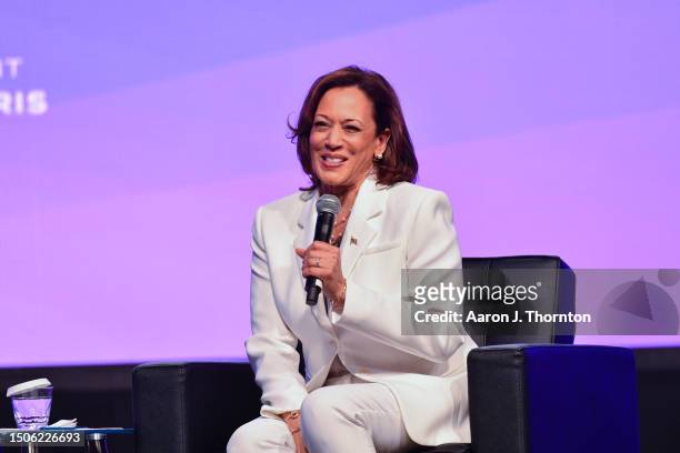 Kamala Harris, Vice President of the United States, speaks onstage during Day 1 of the 2023 Essence Festival of Culture at Ernest N. Morial...