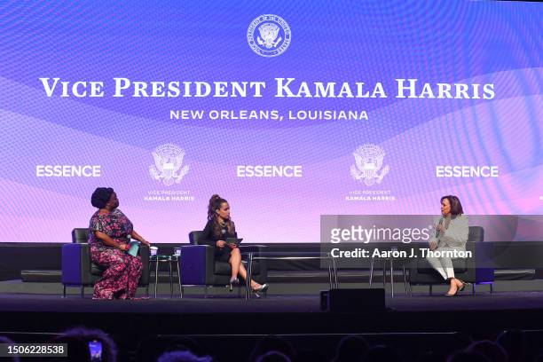 Monica Simpson, Sunny Hostin, and Kamala Harris, Vice President of the United States, speak onstage during Day 1 of the 2023 Essence Festival of...