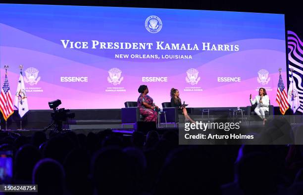 Monica Simpson, Sunny Hostin and Vice President of the United States Kamala Harris speak onstage at the 2023 ESSENCE Festival Of Culture™ at Ernest...