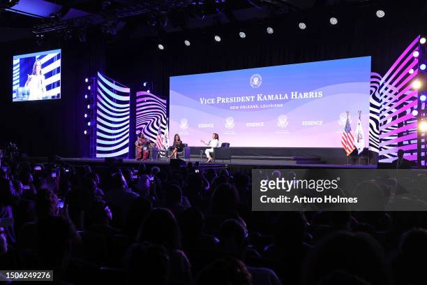 Monica Simpson, Sunny Hostin and Vice President of the United States Kamala Harris speak onstage at the 2023 ESSENCE Festival Of Culture™ at Ernest...