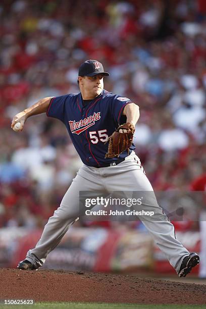 Matt Capps of the Minnesota Twins delivers the pitch during the game against the Cincinnati Reds at Great American Ball Park on June 23, 2012 in...