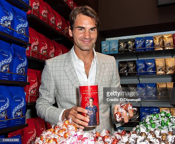 Swiss professional tennis player and Lindt Global Brand Ambassador Roger Federer attends the Lindt Premium Chocolate party at Lindt Chocolate Shop on...