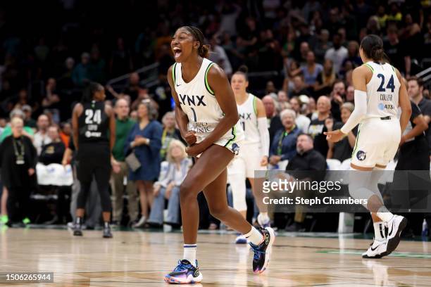 Diamond Miller of the Minnesota Lynx reacts in overtime against the Seattle Storm at Climate Pledge Arena on June 29, 2023 in Seattle, Washington.