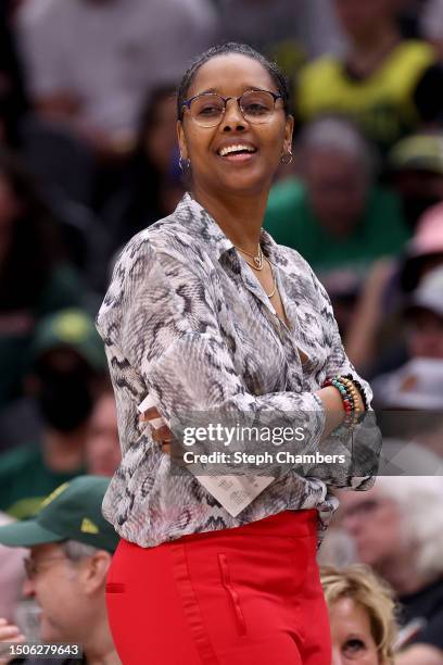 Head coach Noelle Quinn of the Seattle Storm looks on during the second quarter against the Minnesota Lynx at Climate Pledge Arena on June 29, 2023...