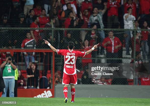 Edgar Benitez of Toluca celebrates a goal during a match between Toluca and Irapuato as part of the Copa MX 2012 at Estadio Nemesio Diez on August...