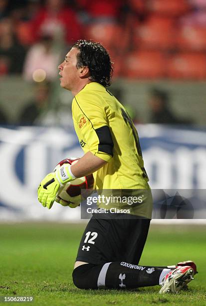 Miguel Centeno of Toluca reacts during a match between Toluca and Irapuato as part of the Copa MX 2012 at Estadio Nemesio Diez on August 22, 2012 in...