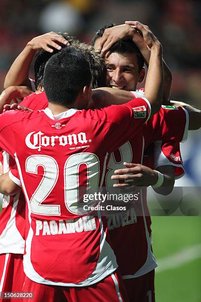 Player Edgar Benitez of Toluca celebrates a goal during a match between Toluca and Irapuato as part of the Copa MX 2012 at Estadio Nemesio Diez on...