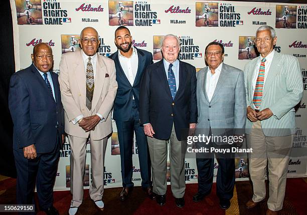 John Lewis, former MLB player Don Newcombe, Matt Kemp of the Los Angeles Dodgers, Bill Bartholomay, Andrew Young and Julian Bond pose for a photo at...