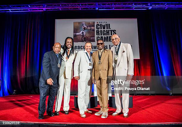 John Lewis, Verdine White, Ralph Johnson, Phillip Bailey and Don Newcombe at the 2012 MLB Beacon Awards Luncheon presented by Belk during the Delta...