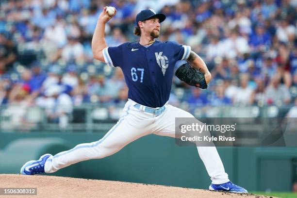 Alec Marsh of the Kansas City Royals pitches in the first inning against the Los Angeles Dodgers at Kauffman Stadium on June 30, 2023 in Kansas City,...