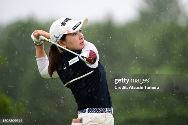 Kana Nagai of Japan hits her tee shot on the 4th hole during the third round of SHISEIDO Ladies Open at Totsuka Country Club on July 1, 2023 in...