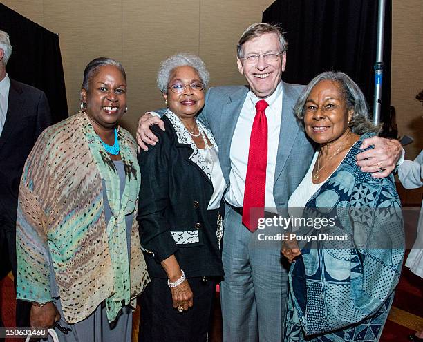 Sharon Robinson; Billie Aaron, MLB commissioner Bud Selig and Rachel Robinson pose for a photo at the 2012 MLB Beacon Awards Luncheon presented by...