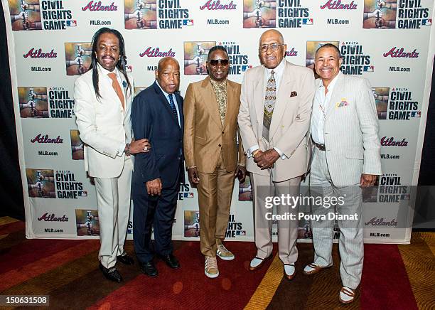 Verdine White, John Lewis, Phillip Bailey, former MLB player Don Newcombe and Ralph Johnson pose for a photo at the 2012 MLB Beacon Awards Luncheon...