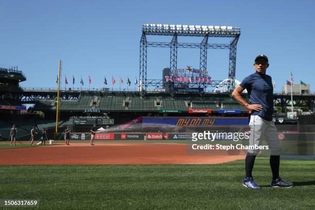 Ichiro Suzuki stretches during batting practice before the game between the Seattle Mariners and the Tampa Bay Rays at T-Mobile Park on June 30, 2023...