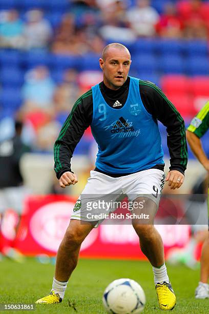 Kris Boyd of the Portland Timbers runs a drill before the start of their a Major League Soccer game against the New York Red Bulls on August 19, 2012...