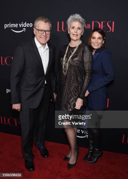 Nigel Sinclair, Lucie Arnaz Luckinbill and Jeanne Elfant Festa at 'Lucy and Desi' premiere held at The DGA Theater Complex on February 15, 2022 in...
