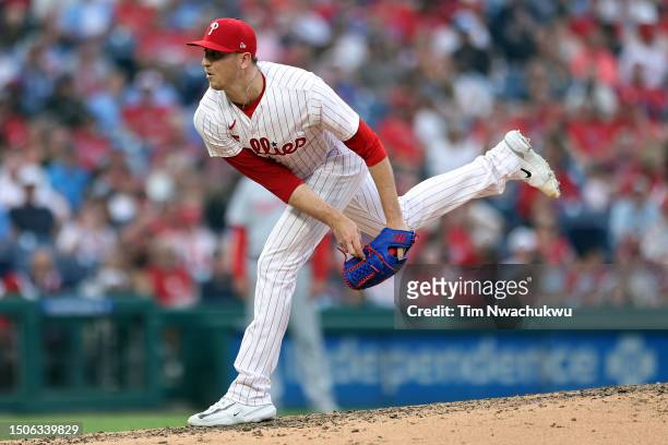 Jeff Hoffman of the Philadelphia Phillies pitches during the seventh inning against the Washington Nationals at Citizens Bank Park on June 30, 2023...