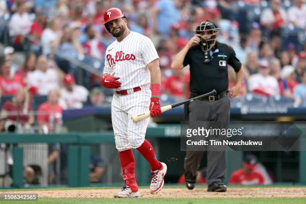 Kyle Schwarber of the Philadelphia Phillies reacts during the fifth inning against the Washington Nationals at Citizens Bank Park on June 30, 2023 in...