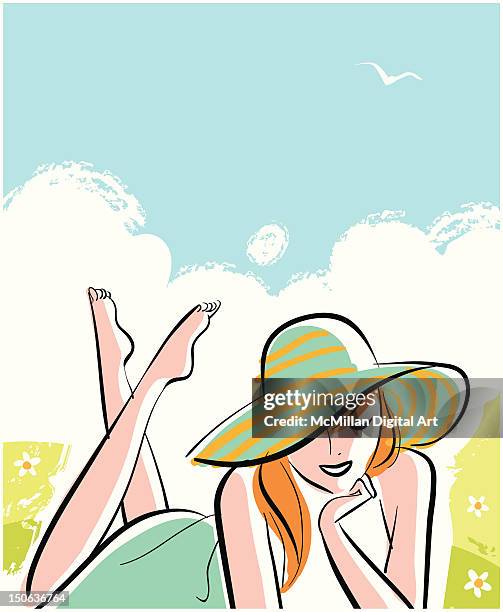 woman lying in grass on sunny day - lying grass stock illustrations