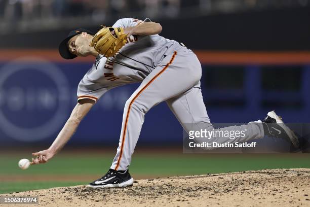 Tyler Rogers of the San Francisco Giants throws a pitch during the eighth inning of the game against the New York Mets at Citi Field on June 30, 2023...