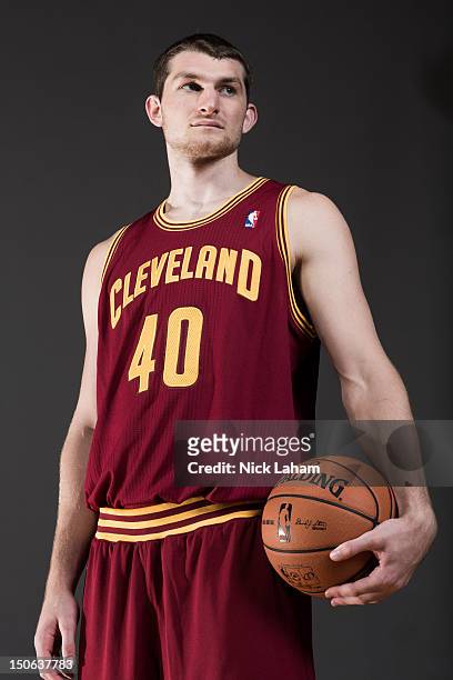 Tyler Zeller of the Cleveland Cavaliers poses for a portrait during the 2012 NBA Rookie Photo Shoot at the MSG Training Center on August 21, 2012 in...