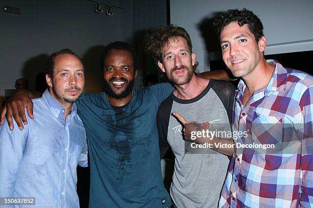 Sunny Levine, Selema Masakela, Beardo and Mark Goodfeather of Alekesam look on after performing at the screening of "Alekesam" at Sonos Studio on...