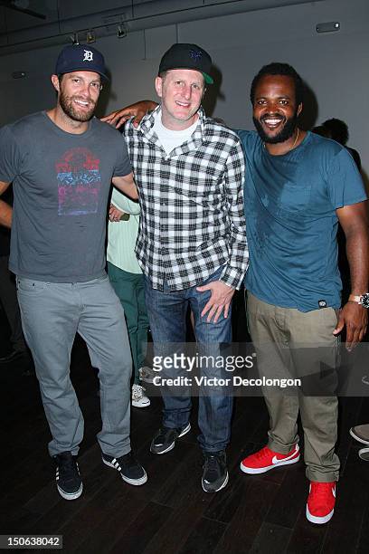 Actors Geoff Stults and Michael Rapaport and musician Selema Masakela attend the screening of "Alekesam" at Sonos Studio on August 22, 2012 in Los...