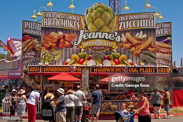 An artichoke food stand is viewed at the Sonoma County Fair on August 2 in Santa Rosa, California. The regional agricultural fair draws nearly...