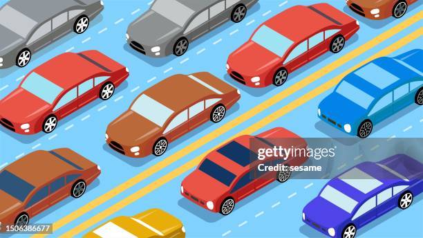 traffic congestion, congested traffic, traffic safety, excessive number of small cars in modern cities, congestion of small cars on equidistant motorways - roadblock illustration stock illustrations