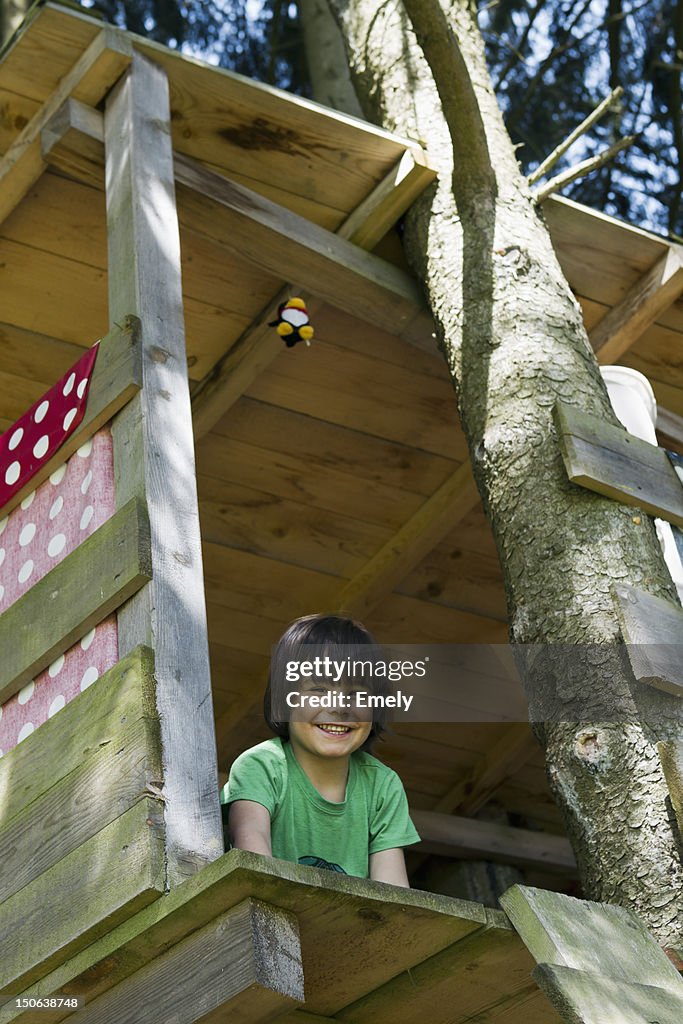 Smiling boy sitting in tree house