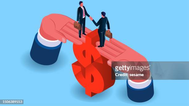 business development support, financial or monetary support, business cooperation, monetary policy or economic support, isometric shaking of hands between two businessmen standing on the two hands connected to the dollar - business relationship stock illustrations