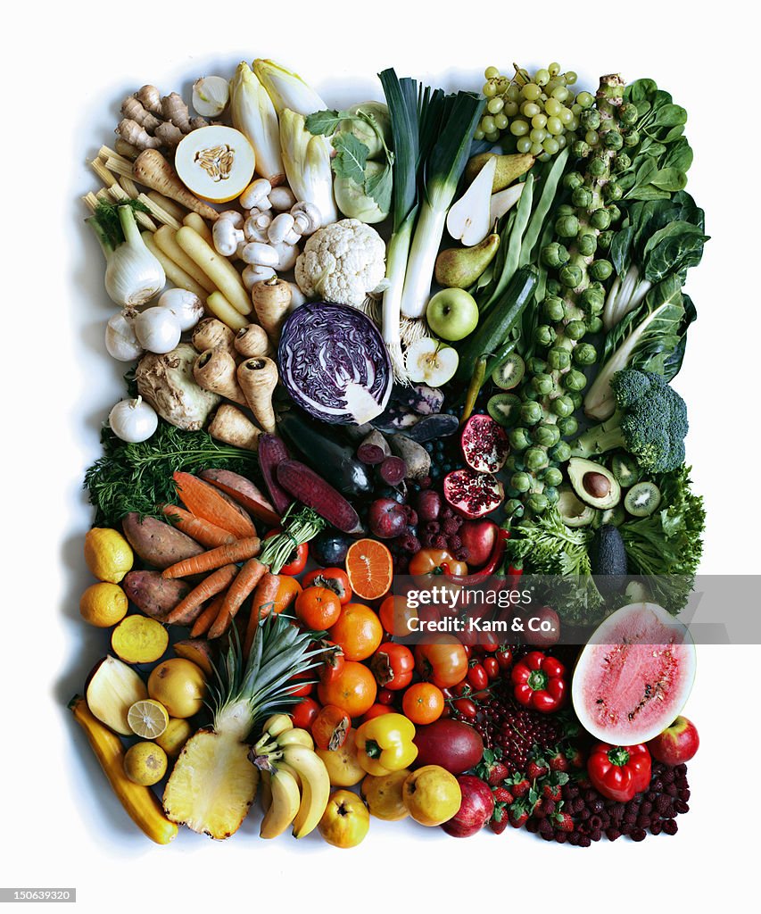 Close up of produce arranged in square