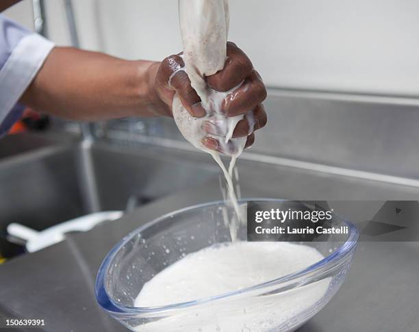 man wringing milk from cheesecloth - almond milk stock pictures, royalty-free photos & images