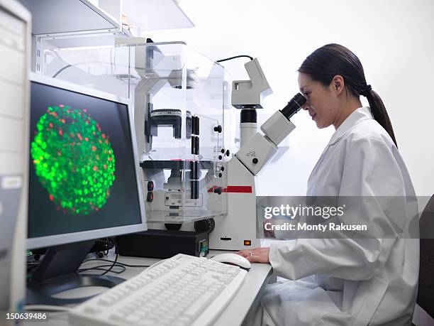 scientist conducting stem cell research on a confocal microscope in biolab - person mikroskop stock-fotos und bilder