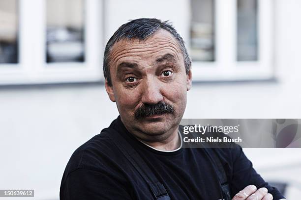 close up of mans surprised face - man moustache stock pictures, royalty-free photos & images