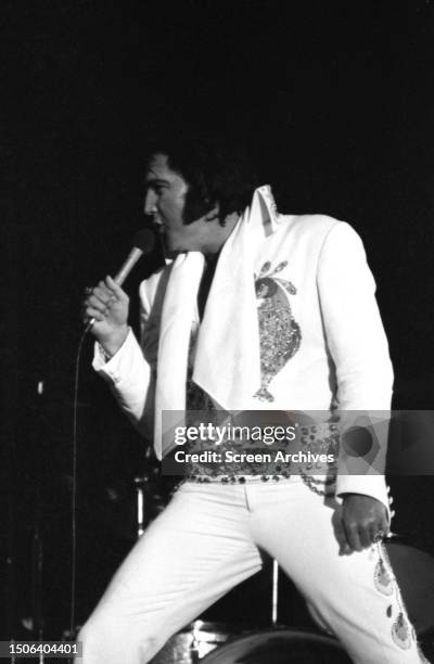 American singer and actor Elvis Presley performing at the International Hotel and Casino in Las Vegas, Nevada, circa 1974.