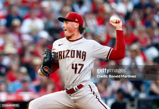 Tommy Henry of the Arizona Diamondbacks throws against the Los Angeles Angels in the first inning at Angel Stadium of Anaheim on June 30, 2023 in...