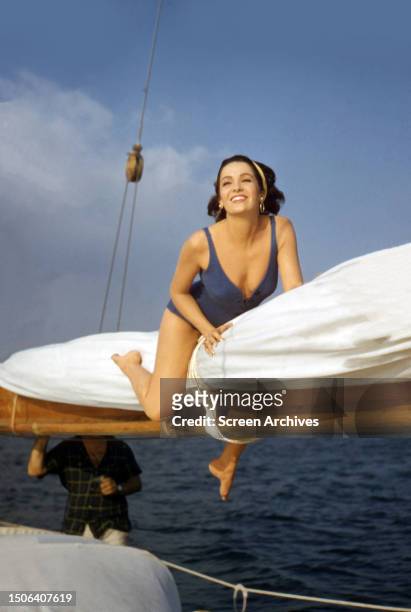 Argentinian actress Linda Cristal on board a yacht, circa 1960.