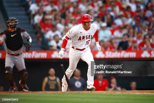 Shohei Ohtani of the Los Angeles Angels at bat against the Arizona Diamondbacks in the third inning at Angel Stadium of Anaheim on June 30, 2023 in...