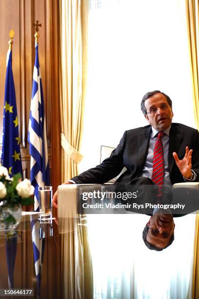 Greek Prime Minister Antonis Samaras is pictured in his office in Megaro Maximou on August 21, 2012 in Athens, Greece. German Chancellor Angela...