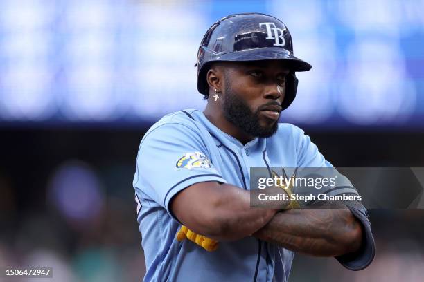 Randy Arozarena of the Tampa Bay Rays celebrates his two run home run against the Seattle Mariners during the fourth inning at T-Mobile Park on June...