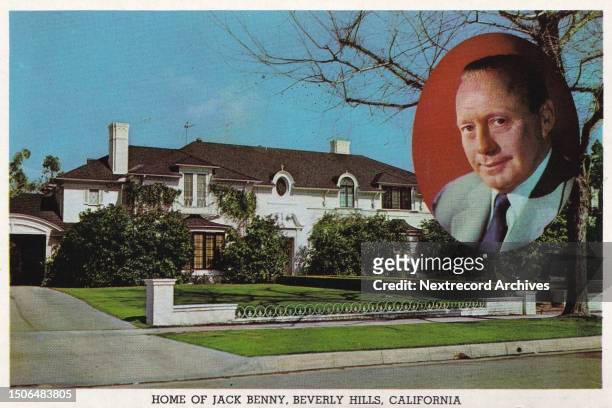 Vintage souvenir postcard published in 1958 from the Movie Star Homes series, depicting mansions and grand estates of Hollywood celebrities in Los...