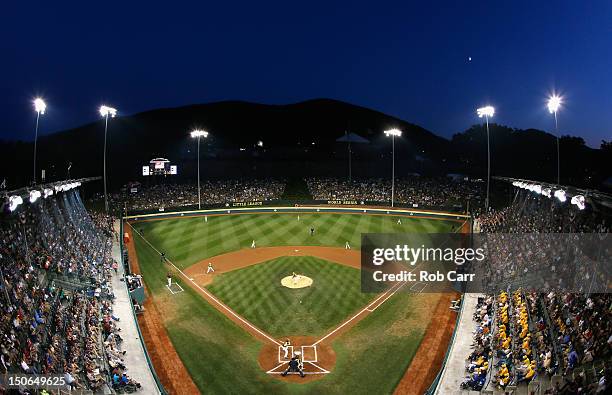 The Southwest team from San Antonio, Texas pitches to the West team from Petaluma, California during the first inning of their Little League World...