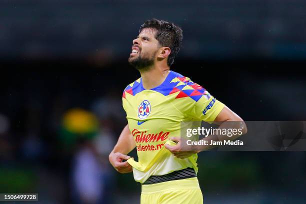 Nestor Araujo of America reacts during the 1st round match between America and FC Juarez as part of the Torneo Apertura 2023 Liga MX at Azteca...