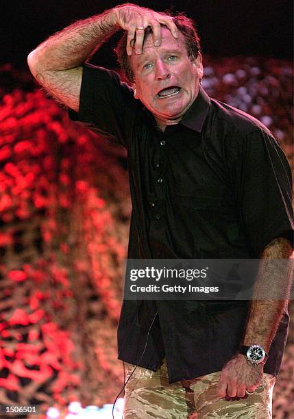 Comedian Robin Williams performs in front of a crowd of 2,500 during a brief visit to Incirlik Air Base October 14, 2002 in Turkey. Williams met with...